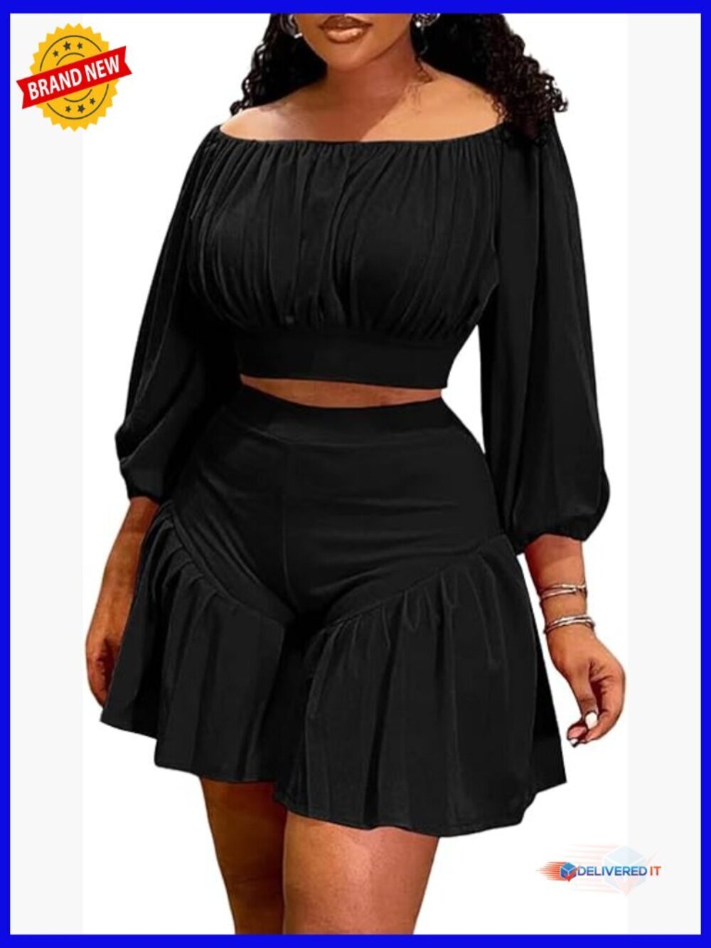 Plus Size Off Shoulder Crop Top & Shorts Set Lantern Sleeve Ruffle Trim